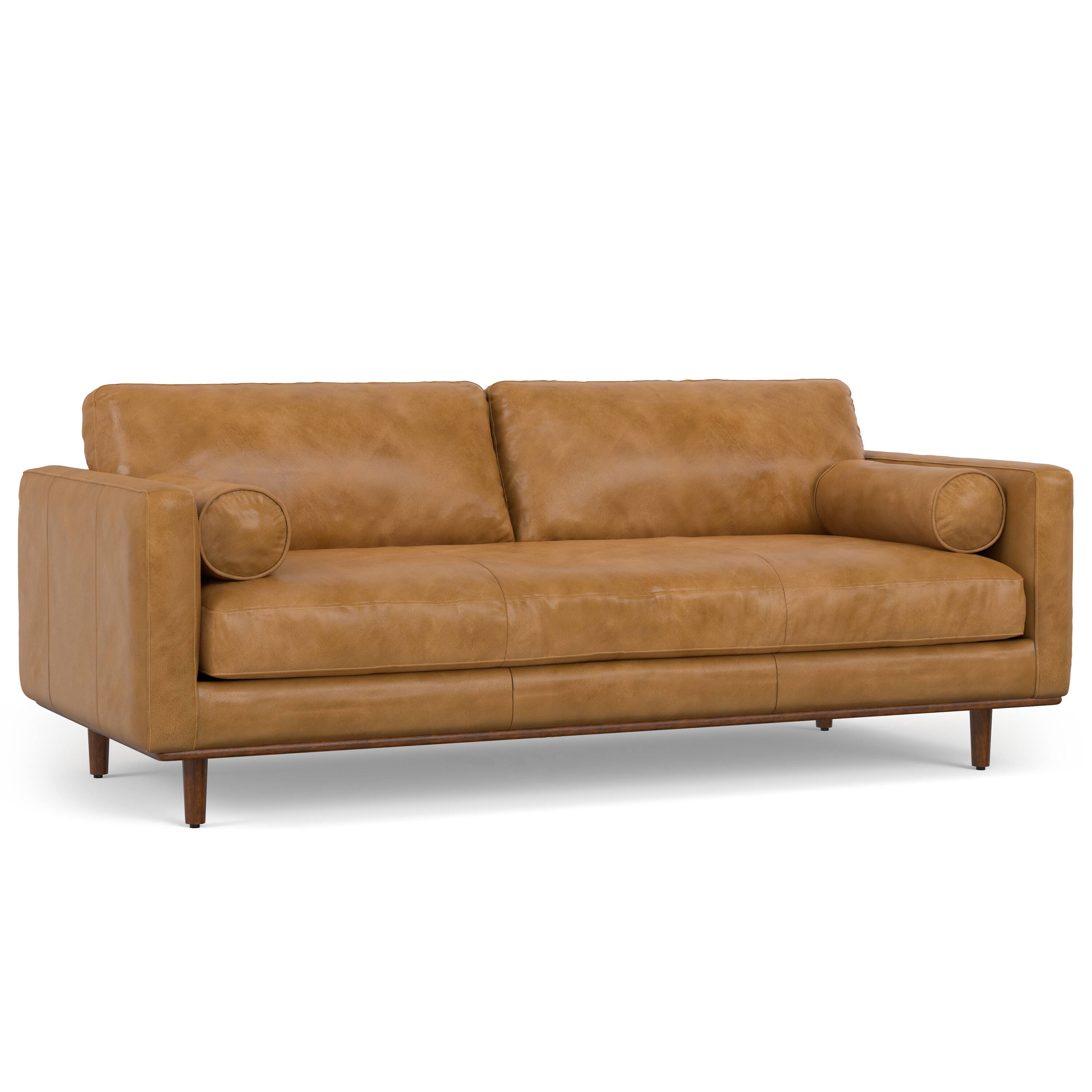 Back. Simpli Home - Morrison Mid-Century Modern 89 inch Wide Sofa with Ottoman Set in Sienna Genuine Leather - Sienna.