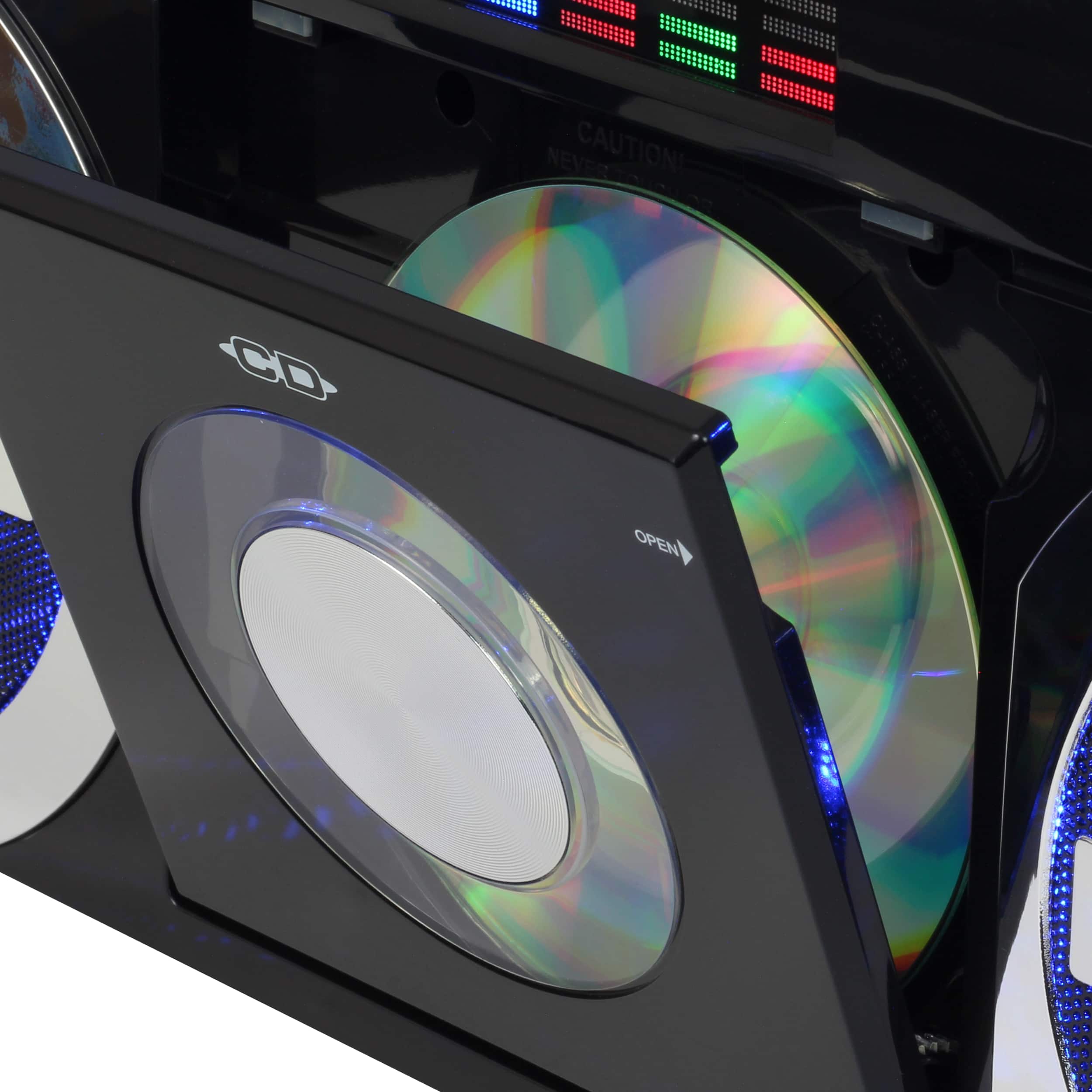 The text on the image reads "CD OPEN I CAUTION".