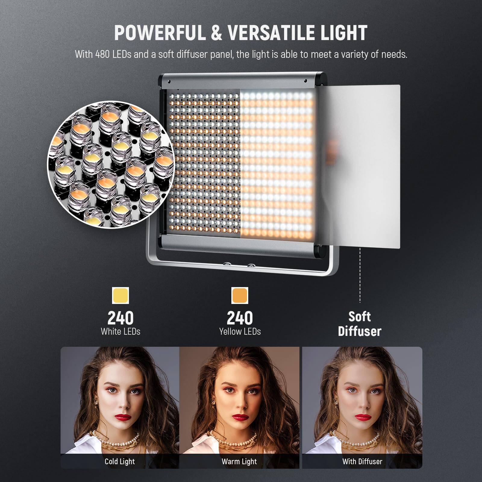 POWERFUL & VERSATILE LIGHT

With 480 LEDs and a soft diffuser panel, the light is able to meet a variety of needs.

240 White LEDs  
240 Yellow LEDs  
Soft Diffuser  

Cold Light  
Warm Light  
With Diffuser