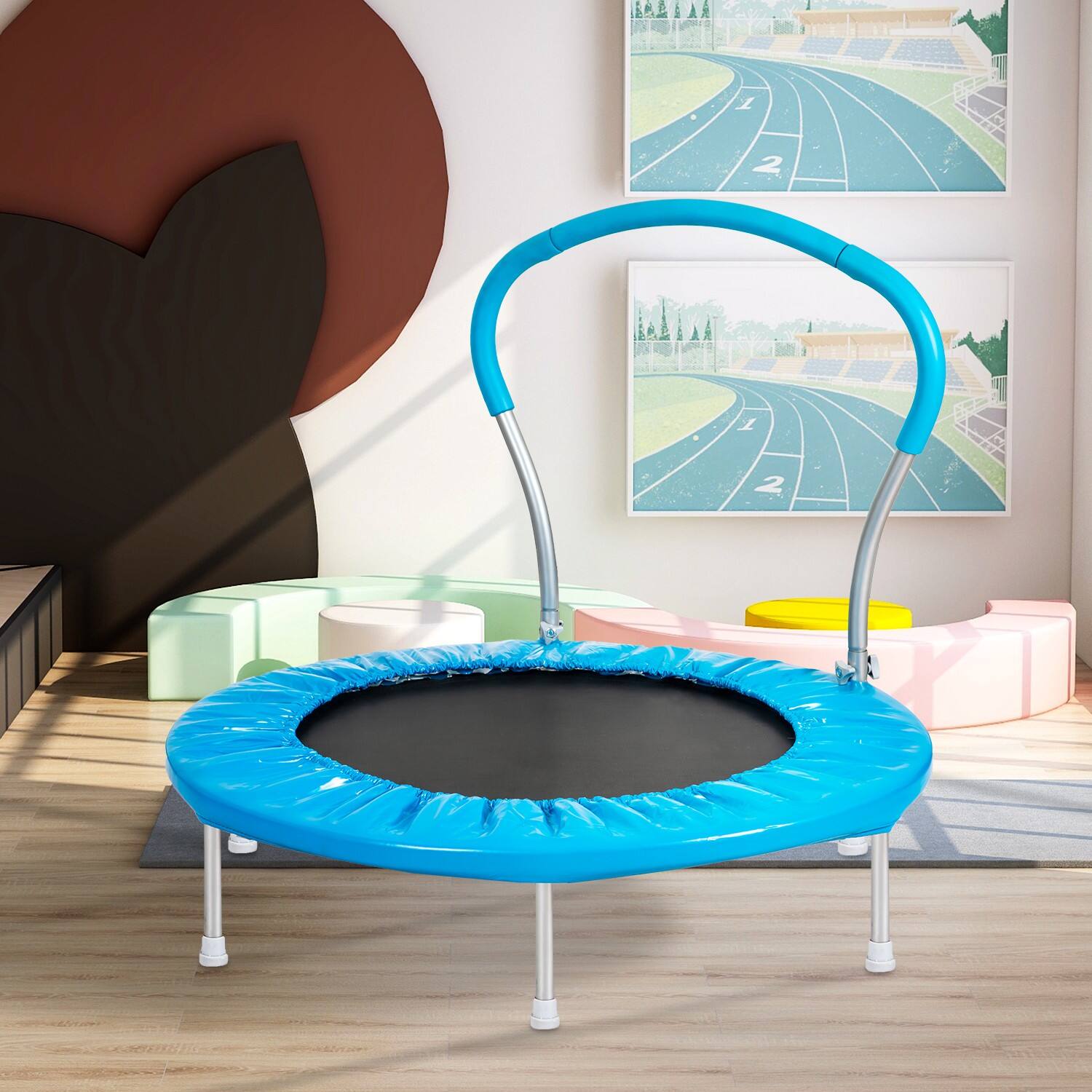 Alt View 1. Ecooso - 36" Mini Trampoline with Handle: 6-Leg Stable Frame, Spring Bounce, Foam Pad Cover, 220 lb Capacity - Blue.