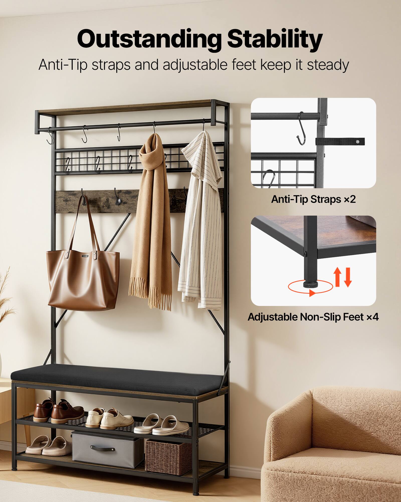 Outstanding Stability  
Anti-Tip straps and adjustable feet keep it steady  

Anti-Tip Straps x2  
Adjustable Non-Slip Feet x4