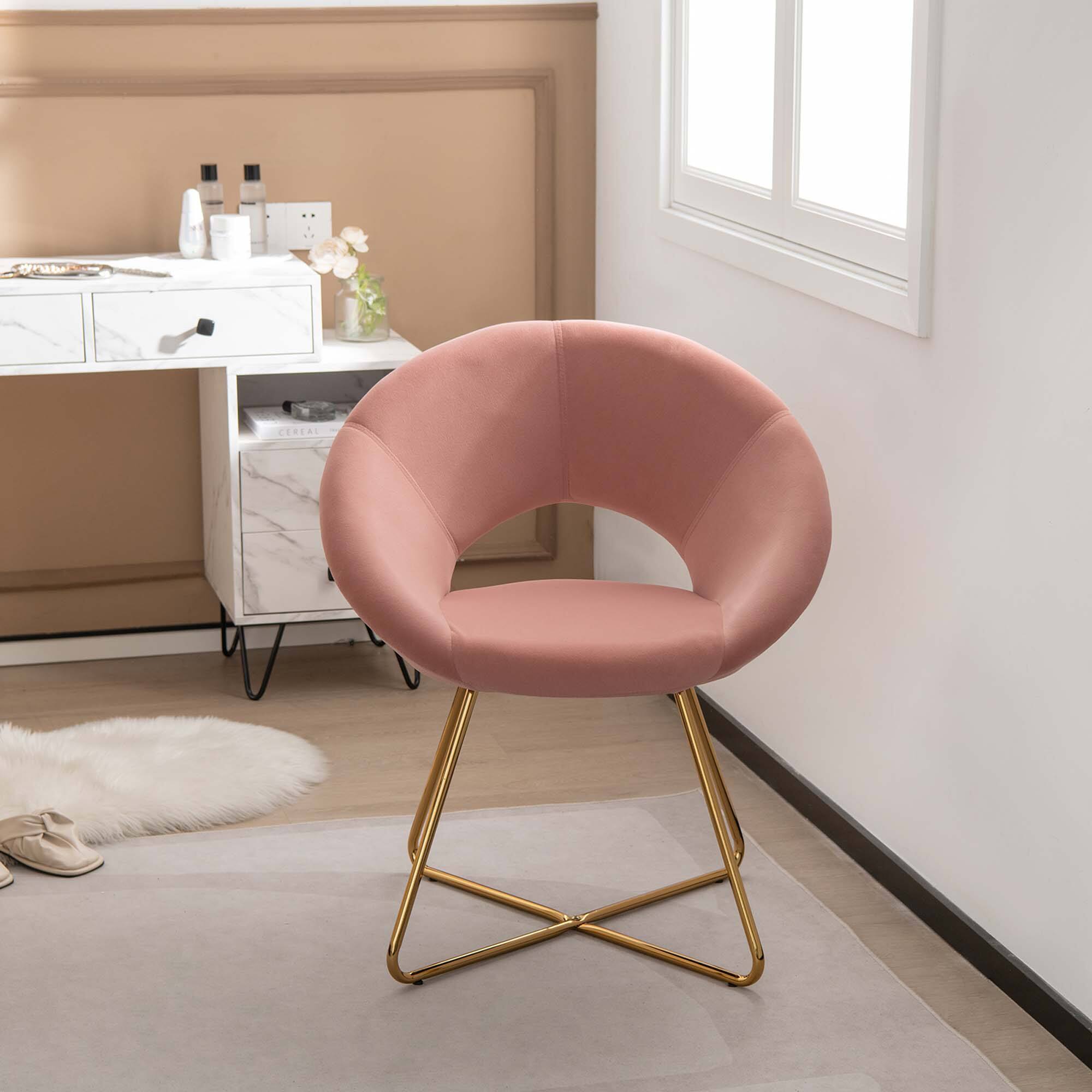 Left. Costway - Set of 2 Modern Velvet Accent Chair Upholstered Vanity Leisure Chair Metal Legs - Pink and Golden.