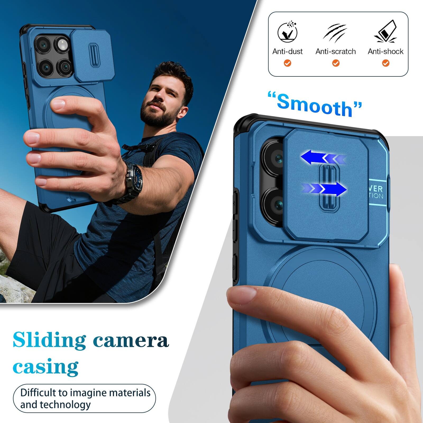 Anti-dust  
Anti-scratch  
Anti-shock  
"Smooth"  
Sliding camera casing  
Difficult to imagine materials and technology