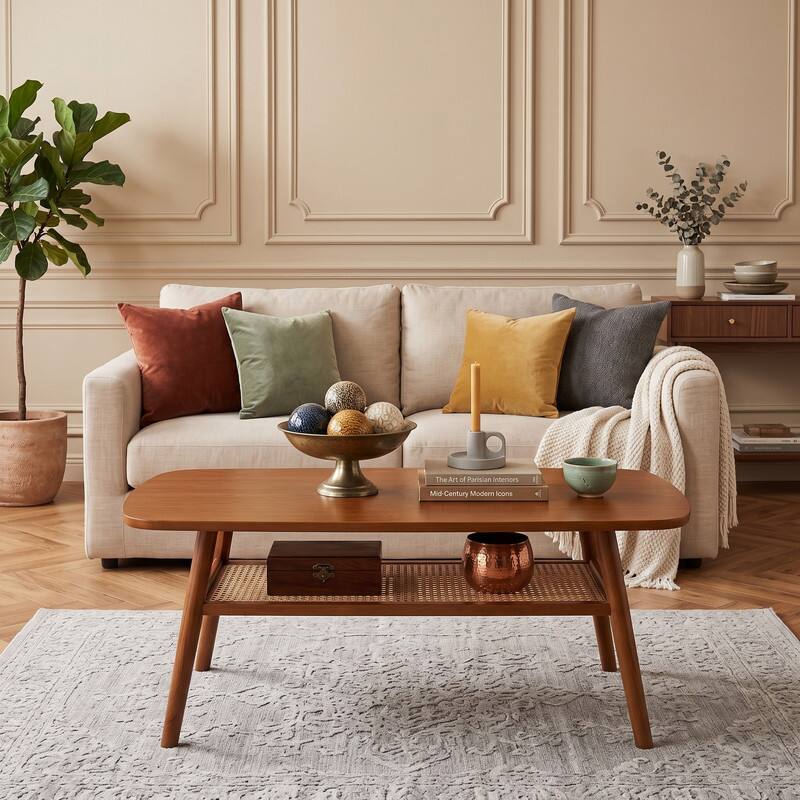 WELLFOR 2 Tier Boho Rattan Coffee Table with Rounded Corners & Storage ...