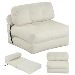 Costway - Folding Sofa Bed, Convertible Sleeper Chair with Pillow Back Support Corduroy Cover - Beige