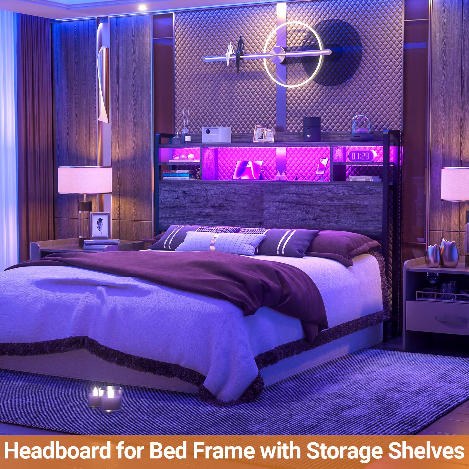 Headboard for Bed Frame with Storage Shelves