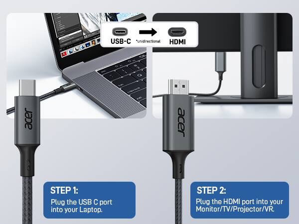 USB-C *unidirectional HDMI

STEP 1: Plug the USB C port into your Laptop.

STEP 2: Plug the HDMI port into your Monitor/TV/Projector/VR.