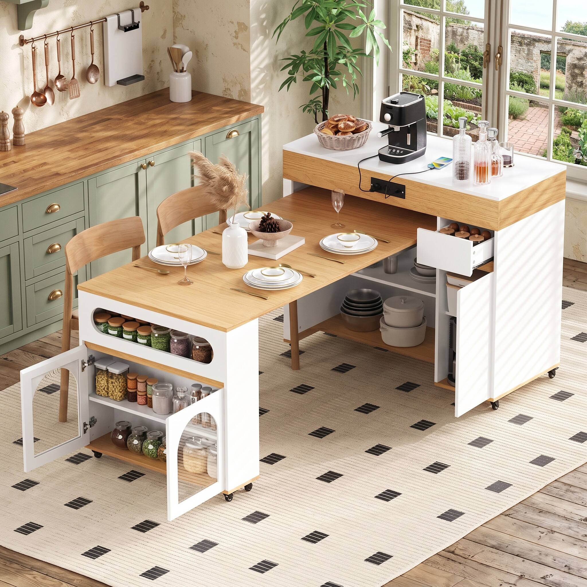 Alt View 9. Forest'nSky - Natural Sideboard Buffet Cabinet Extendable Dining Table with Extra-Long Folding Top,Drawers - Natural.