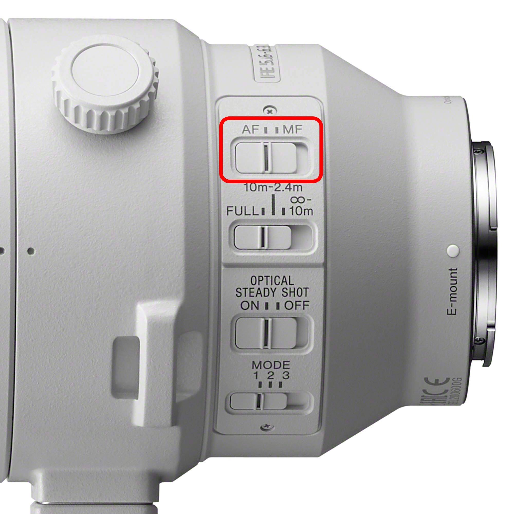 5.6-63 FIE

AF | MF

10m-2.4m

FULL | ∞-10m

OPTICAL STEADY SHOT ON | OFF

MODE 1 2 3

E-mount E ERICE SEL200600G