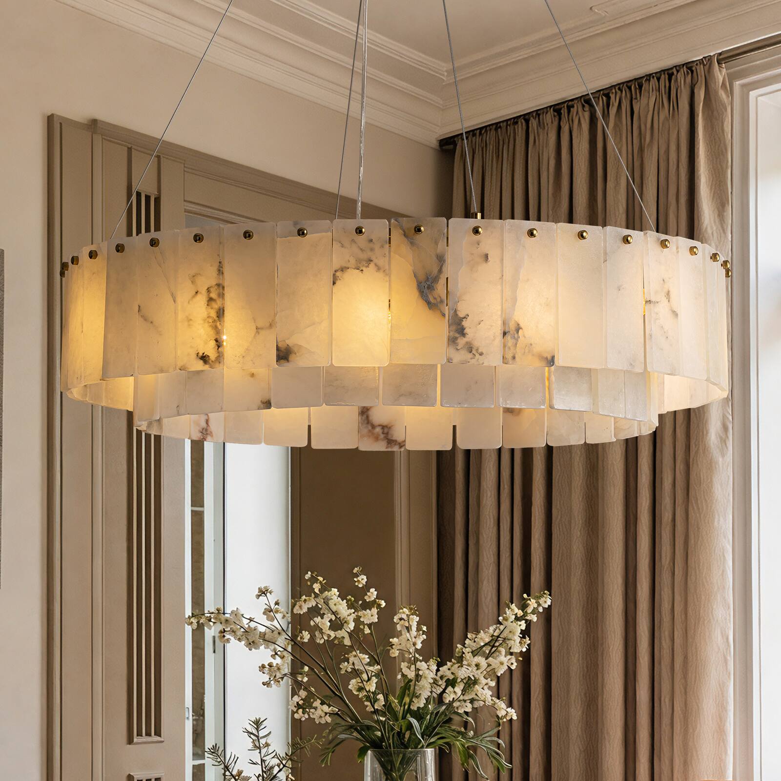 Angle. Siljoy - 32-In Gold Natural Alabaster Drum Chandelier 12-Light E12 Adjustable Height for Dining Room Living Room Bedroom Island - Gold.