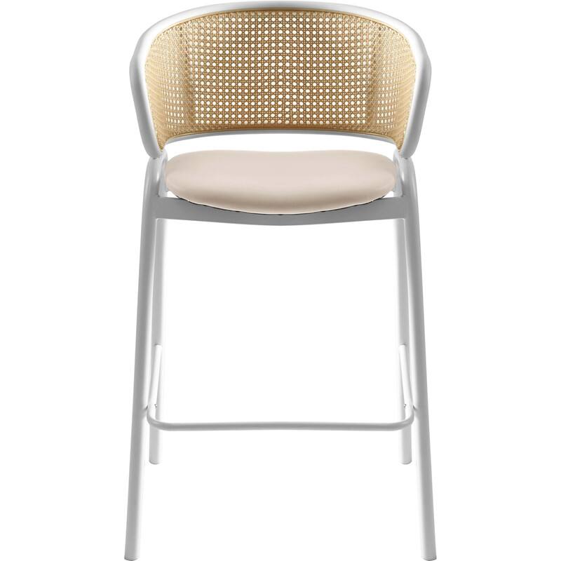 Alt View 3. LeisureMod - Ervilla Wicker Bar Stool with Fabric Seat, Mid-Century Modern Counter Height Stool with White Steel Frame - White.