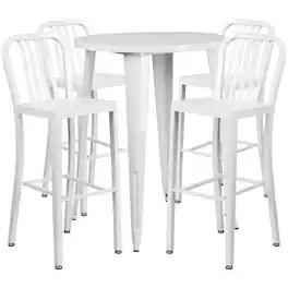 Emma + Oliver - Commercial 30" Round Metal Indoor-Outdoor Bar Table Set & 4 Slat Back Stools - White