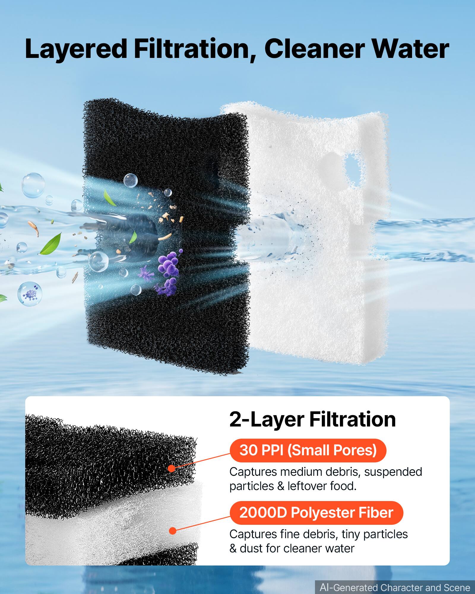 Layered Filtration, Cleaner Water

2-Layer Filtration

30 PPI (Small Pores) Captures medium debris, suspended particles & leftover food.

2000D Polyester Fiber Captures fine debris, tiny particles & dust for cleaner water

AI-Generated Character and Scene