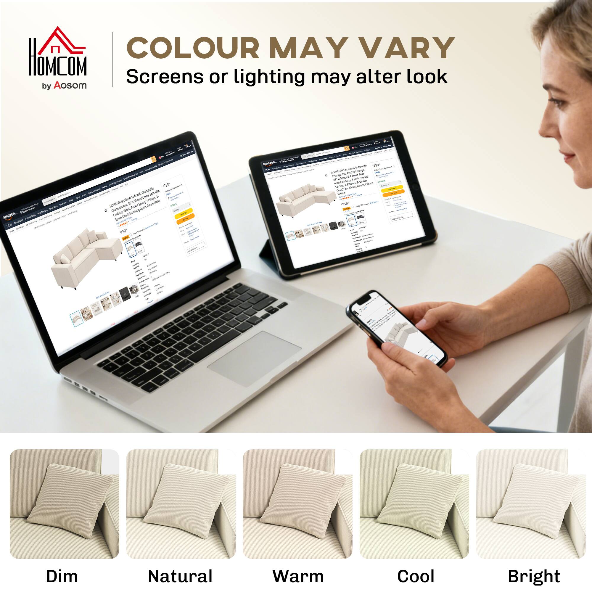 HOMCOM by Aosom

COLOUR MAY VARY  
Screens or lighting may alter look

Dim  
Natural  
Warm  
Cool  
Bright