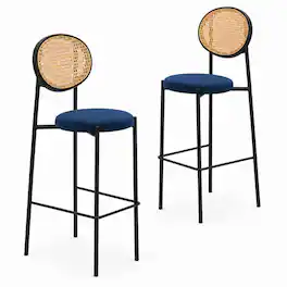 LeisureMod - Euston Modern Wicker Bar Stool with Black Steel Frame and Footrest, Counter Height Dining Stool Set of 2 - Navy Blue