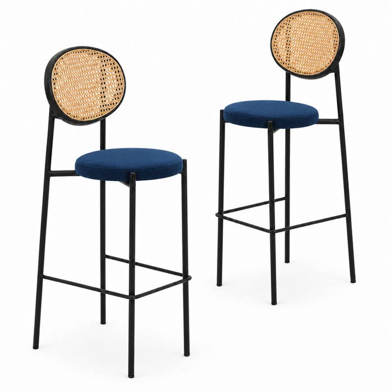 Front. LeisureMod - Euston Modern Wicker Bar Stool with Black Steel Frame and Footrest, Counter Height Dining Stool Set of 2 - Navy Blue.