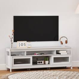Bestier - Mid-Century TV Stand for TVs up to 70”, Sliding Glass Doors, Cable Management & Open Storage - White