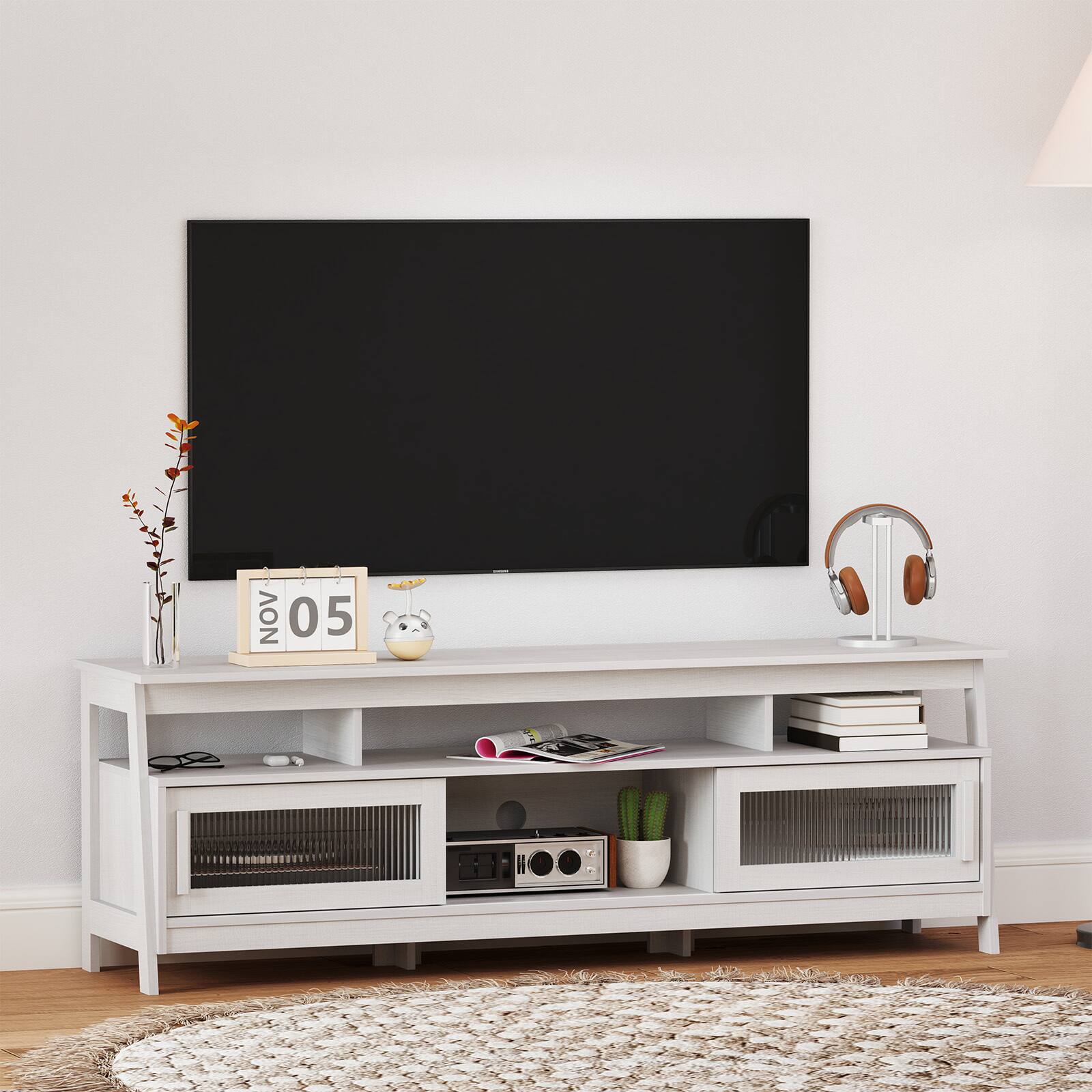 Front. Bestier - Mid-Century TV Stand for TVs up to 70”, Sliding Glass Doors, Cable Management & Open Storage - white.