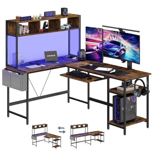Front. Anysun - 67" L-Shape Gaming Desk with LED Lights-Corner Computer Table with Keyboard Tray, Side Bag & Storage Shelf, Metal Frame - Brown.