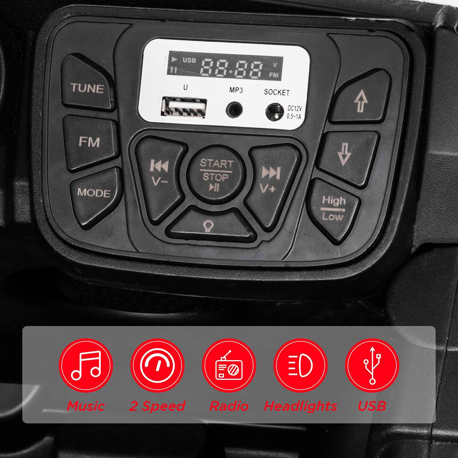 TUNE USB V " 88.88 FM U MP3 SOCKET 51 DC12V 0.5-1A FM MODE K V- START STOP I M V+ High Low ED Music 2 Speed Radio Headlights USB

- TUNE
- FM
- MODE
- V-
- START STOP
- V+
- High Low
- MP3
- SOCKET
- DC12V 0.5-1A
- USB
- Music
- 2 Speed
- Radio
- Headlights
- USB