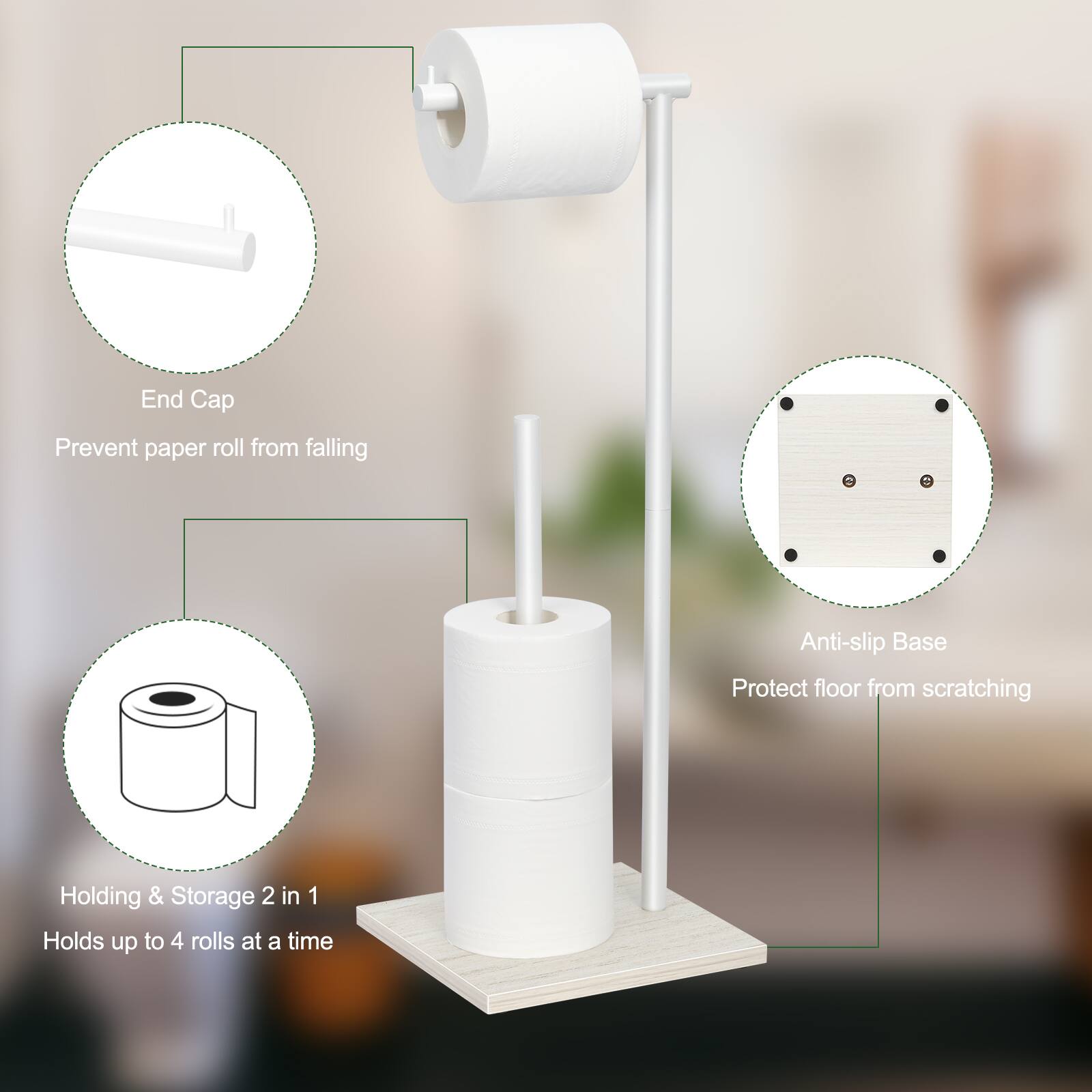 End Cap: Prevent paper roll from falling  
Anti-slip Base: Protect floor from scratching  
Holding & Storage 2 in 1: Holds up to 4 rolls at a time