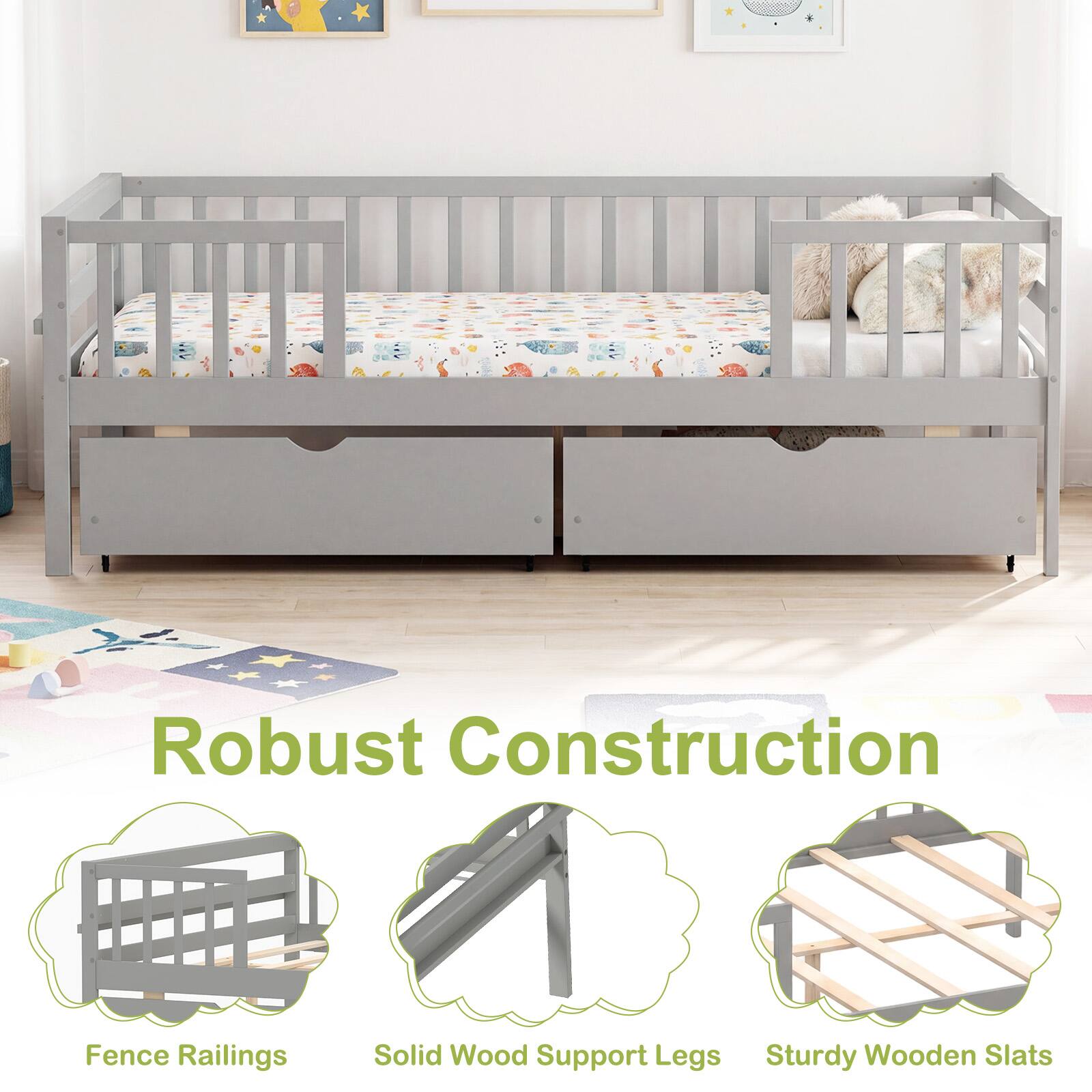Robust Construction  
Fence Railings  
Solid Wood Support Legs  
Sturdy Wooden Slats