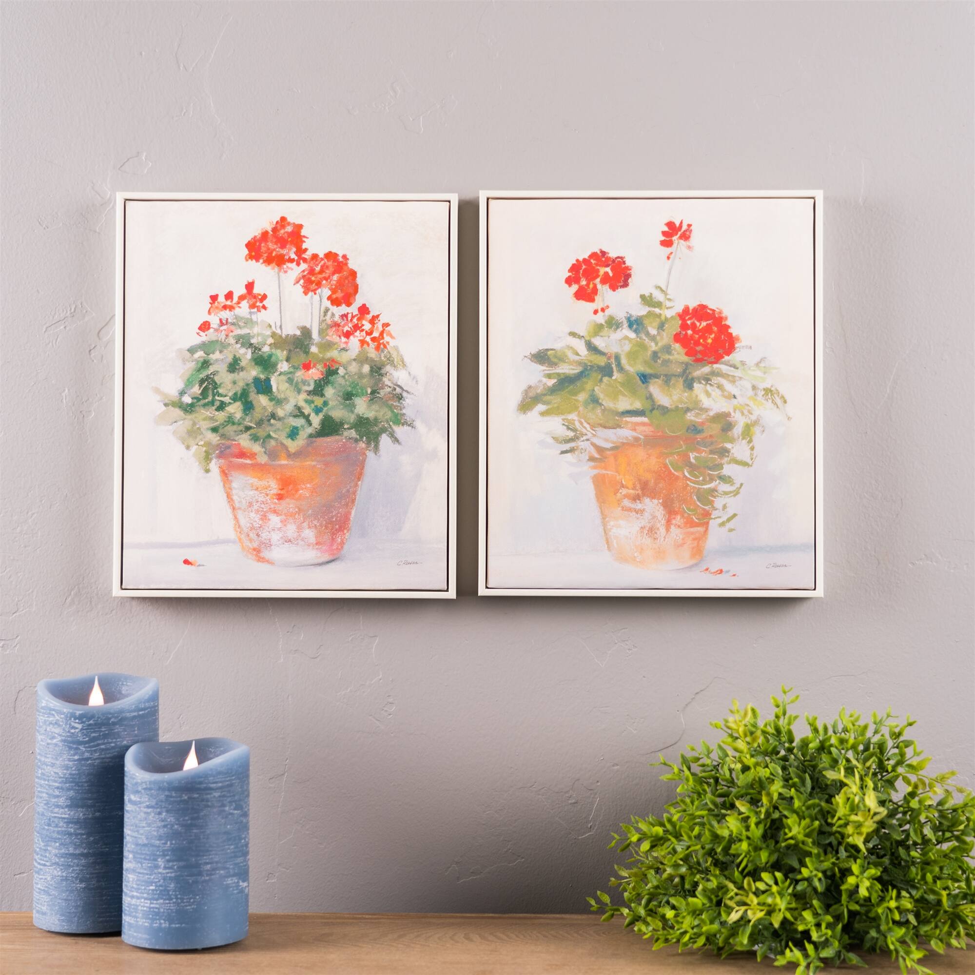 Angle. BreeBe - Framed Potted Geranium Print (Set of 2) - Beige, Red, Green.