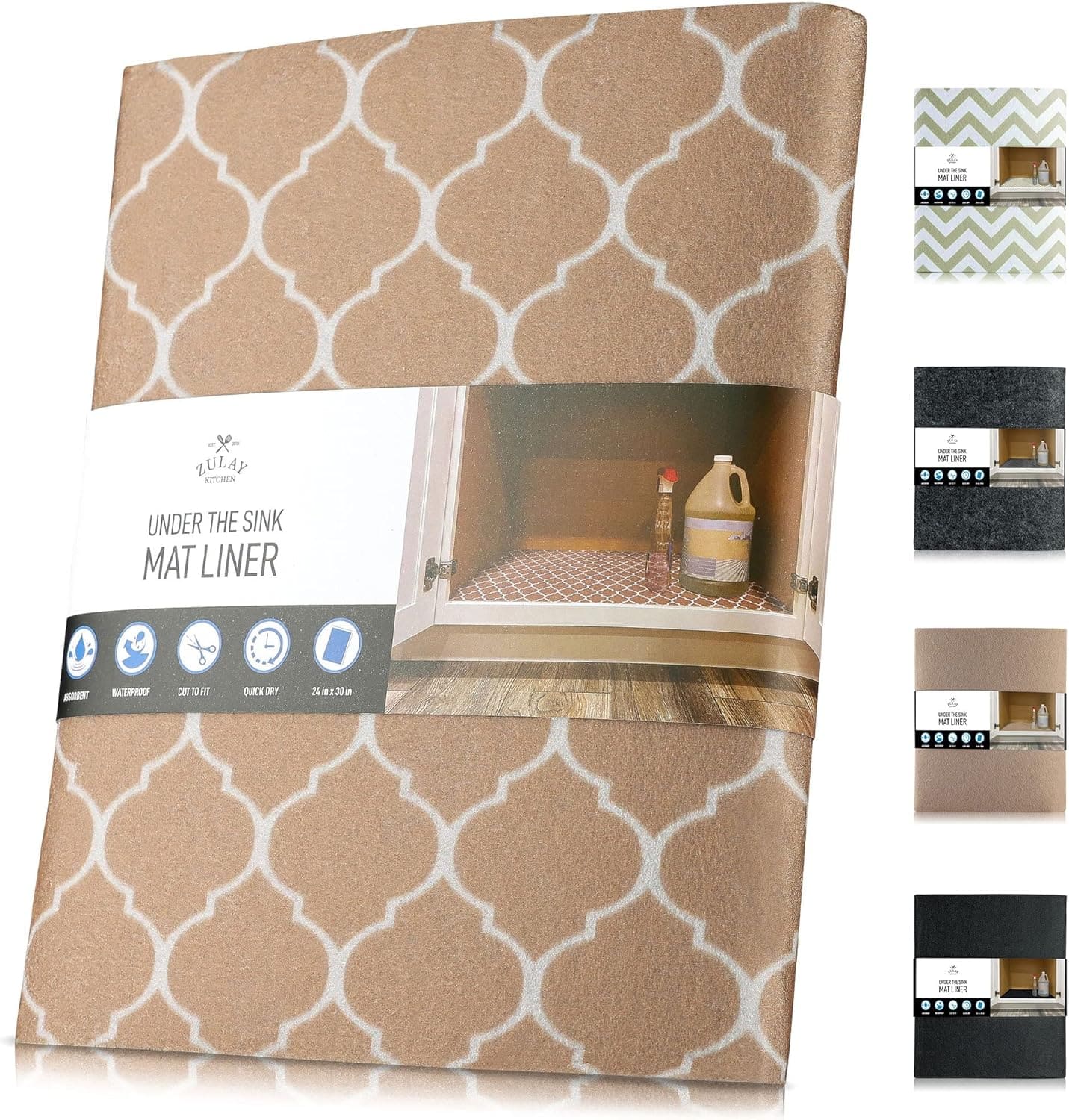 Zulay Kitchen - Under Sink Mat 24x30 Inch - Slip-Resistant Under The Sink Mat Waterproof Design - Quatrefoil
