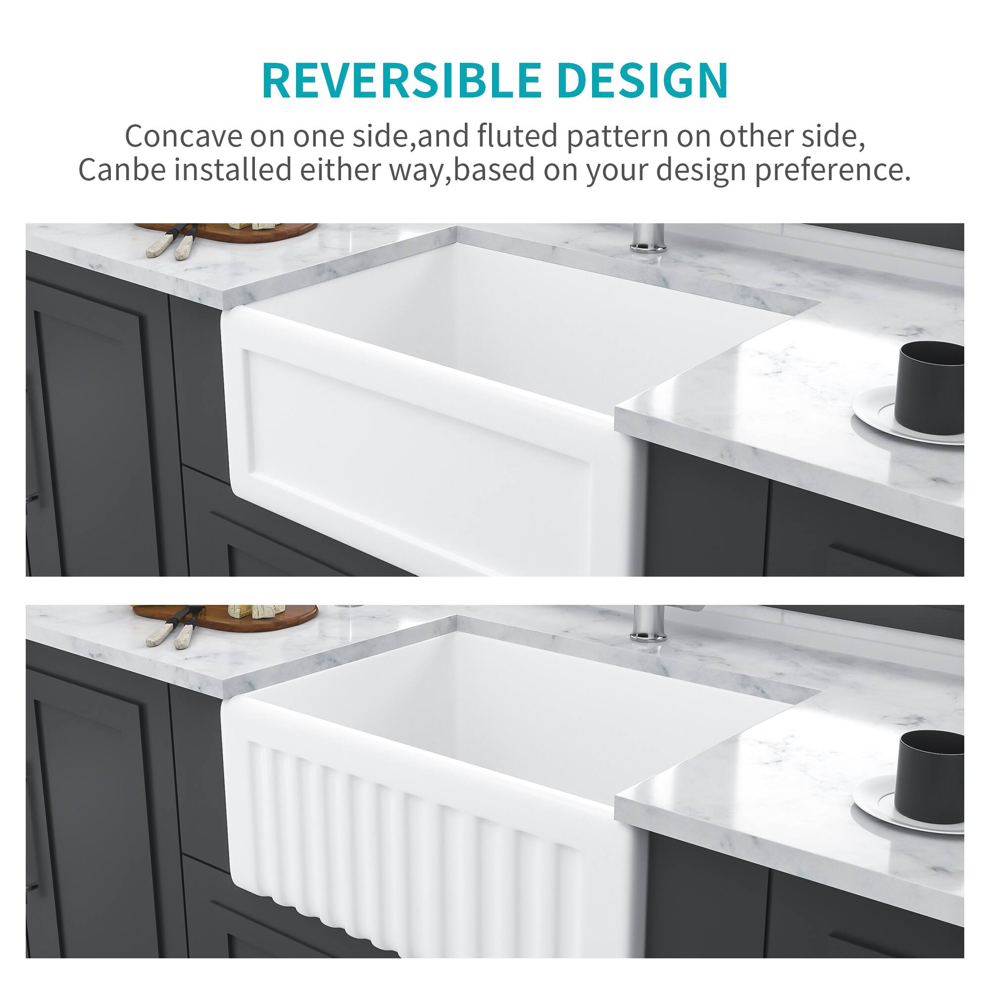 REVERSIBLE DESIGN  
Concave on one side, and fluted pattern on the other side,  
Can be installed either way, based on your design preference.