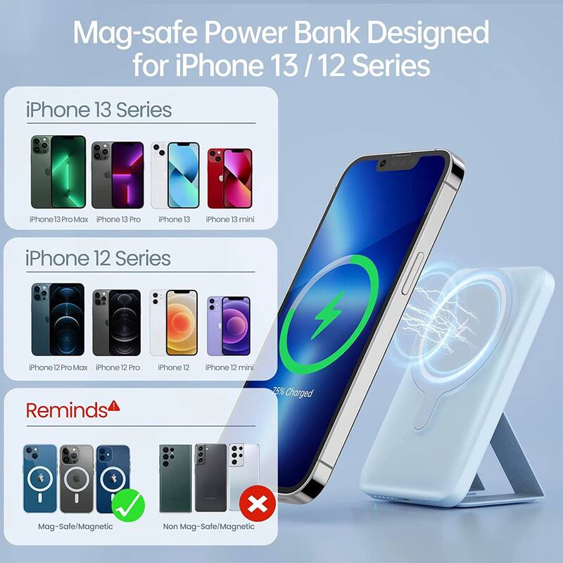 Mag-safe Power Bank Designed for iPhone 13 / 12 Series

iPhone 13 Series
- iPhone 13 Pro Max
- iPhone 13 Pro
- iPhone 13
- iPhone 13 mini

iPhone 12 Series
- iPhone 12 Pro Max
- iPhone 12 Pro
- iPhone 12
- iPhone 12 mini

Reminds
- 75% Charged

Mag-Safe/Magnetic
- ✔️

Non Mag-Safe/Magnetic
- ❌