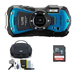 PENTAX - WG-90 Compact Camera, Blue w. Accessory Cleaning Kit Bag and SanDisk 64GB Ultra SDXC UHS-I Memory Card - Black