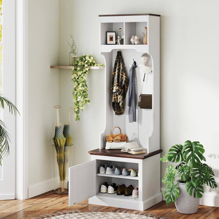 Alt View 1. PULUZ - 3-in-1 Hall Tree with Shoe Storage, Coat Rack with Bench, Entryway Furniture with Five Hooks - White Wood Grain.