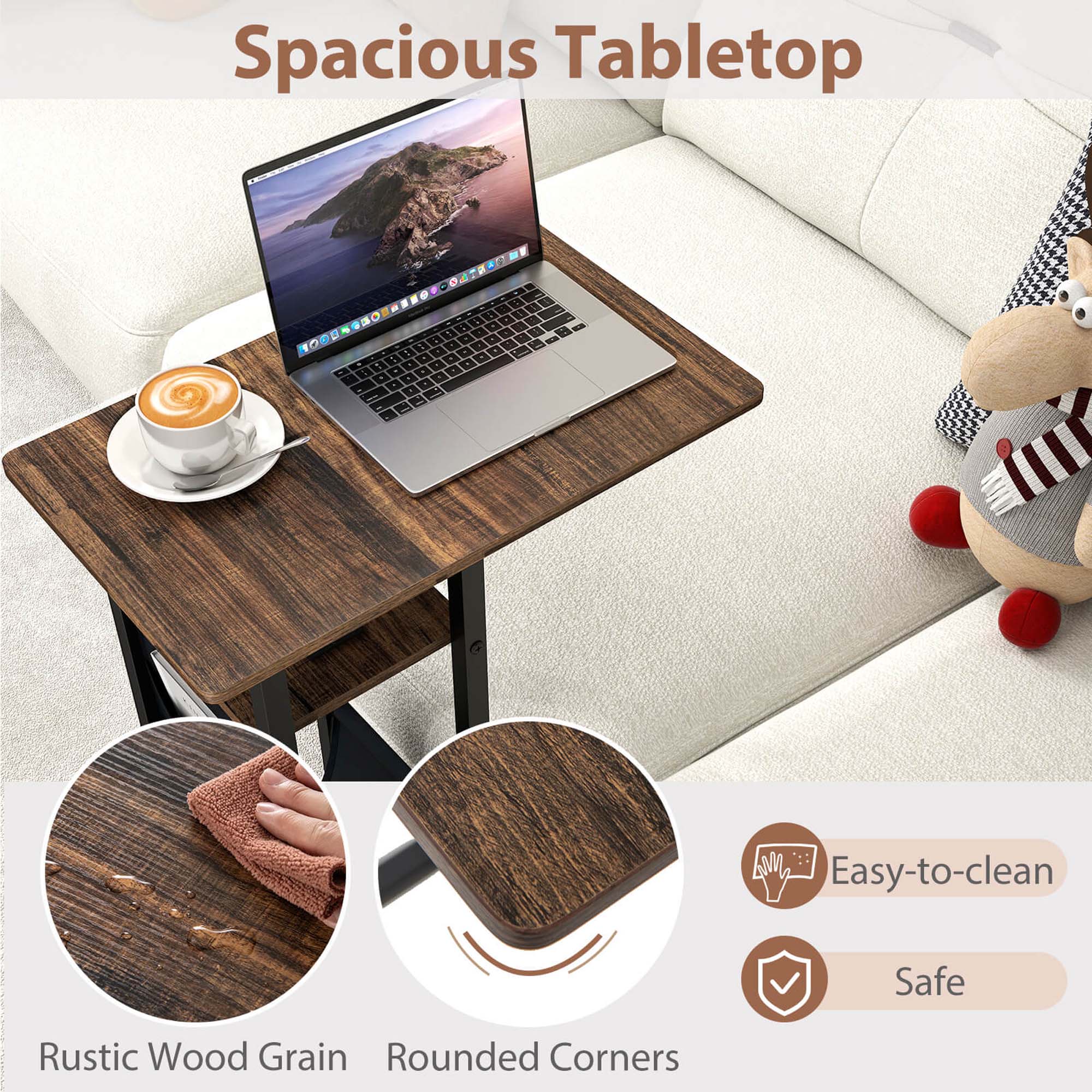 Spacious Tabletop  0 e + .  d - . - - Easy-to-clean Safe Rustic Wood Grain Rounded Corners