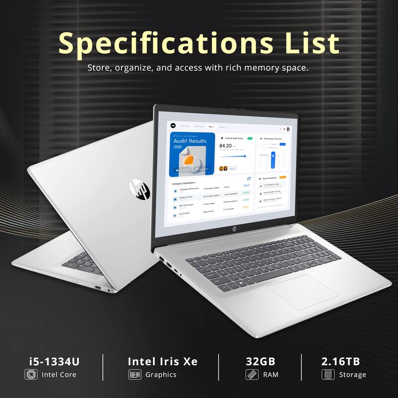 Specifications List  
Store, organize, and access with rich memory space.  

- Audit Results: 84.20  
- Camera: 4  
- Intel Core i5-1334U  
- Intel Iris Xe Graphics  
- 32GB RAM  
- 2.16TB Storage