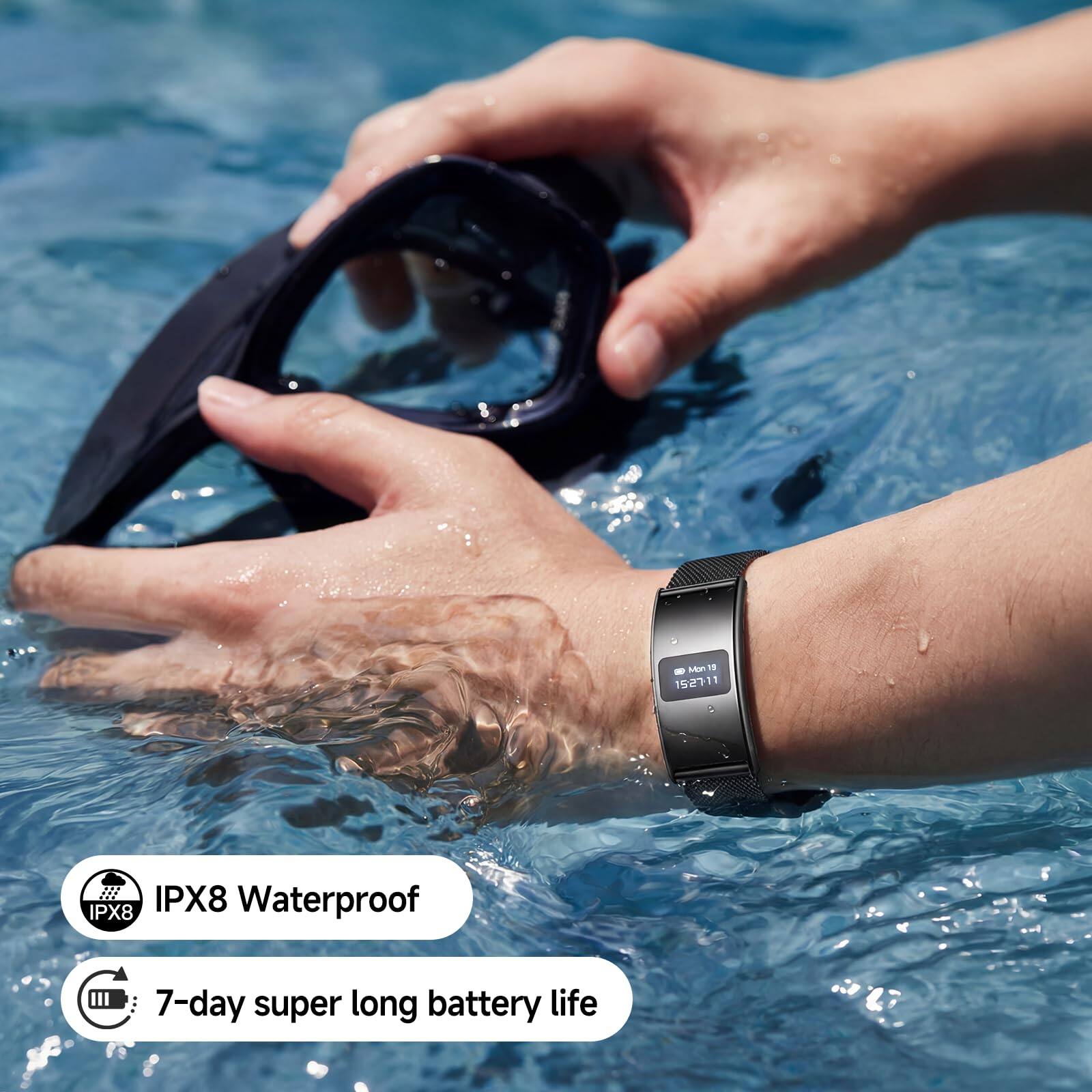 Mon 18 15:27:11  
IPX8 Waterproof  
7-day super long battery life