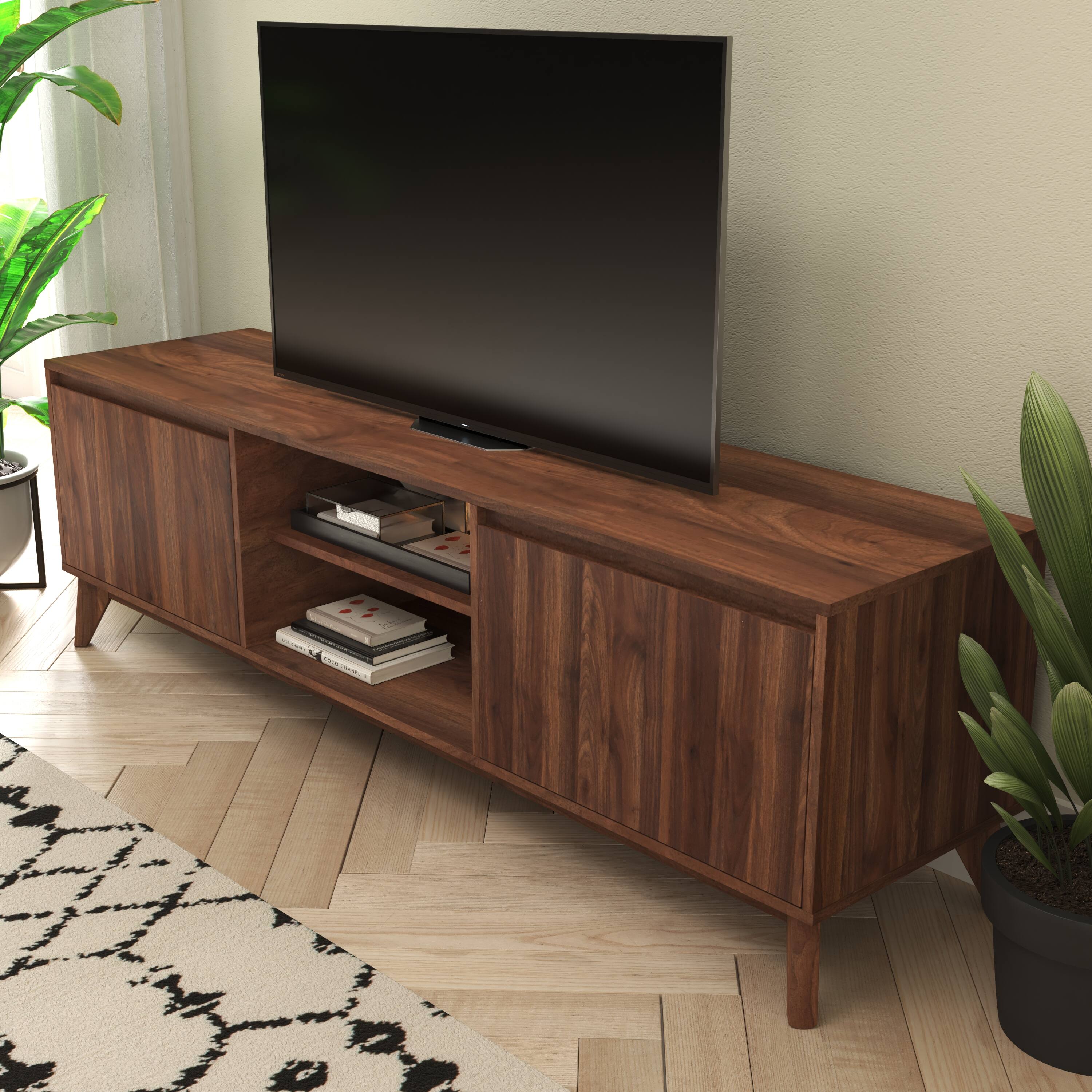 Alt View 3. Emma + Oliver - Beverly Mid-Century Modern Wooden TV Stand with Soft Close Doors, Shelf, Cord Management Hole and Tapered Legs - Dark Walnut.