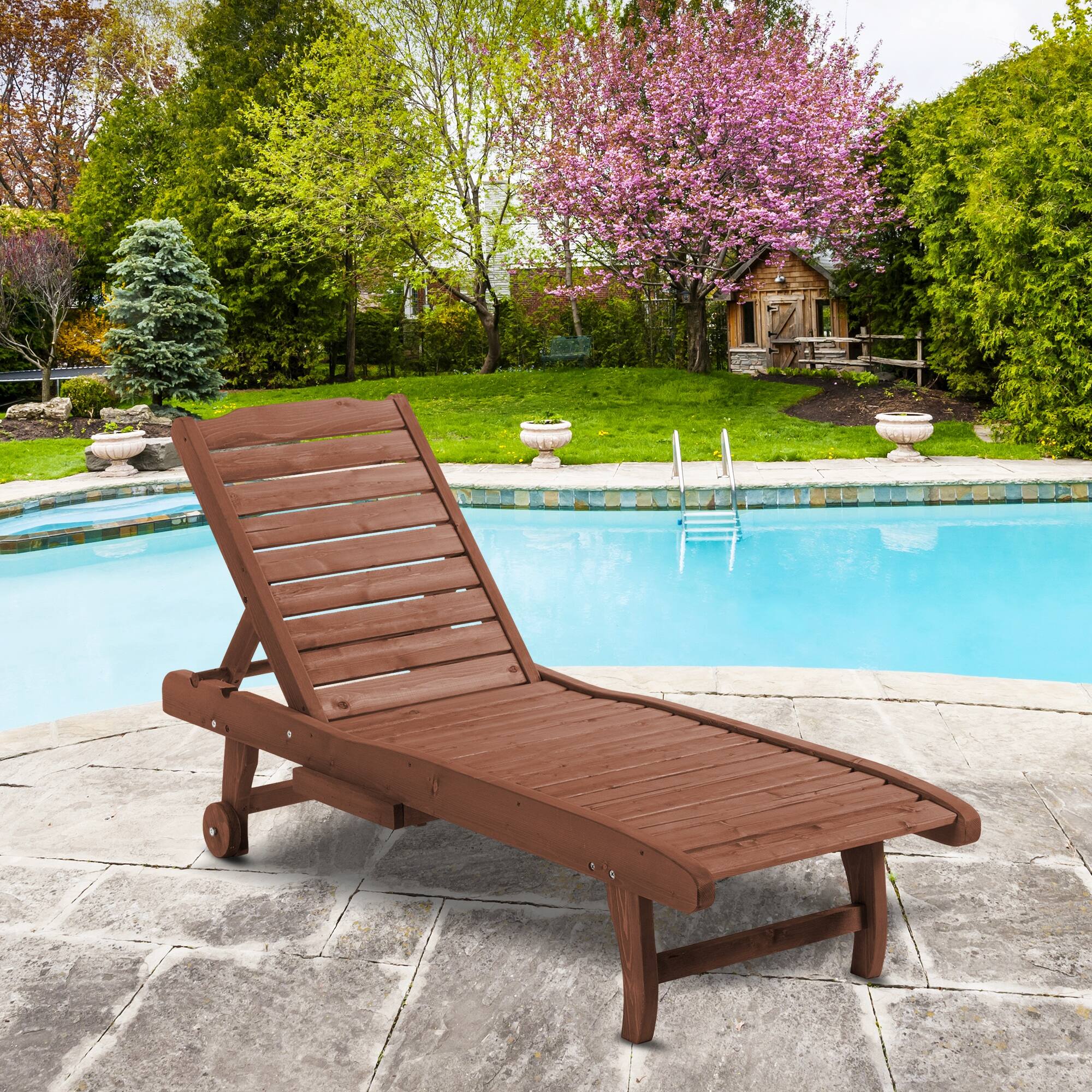 Alt View 1. Outsunny - Chaise Lounge Chair Outdoor Wooden Pool Lounge Chair with 3-level Adjustable Backrest, Built-In Table and Rolling Wheel - Brown Red.