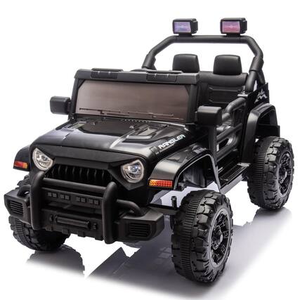 Front. BreeBe - 12V Kids Electric ride on Car w/ Remote Control, Dual Drive, 4-Wheel Suspension, Music, Bluetooth, Headlights, Age 2–4 - Black.