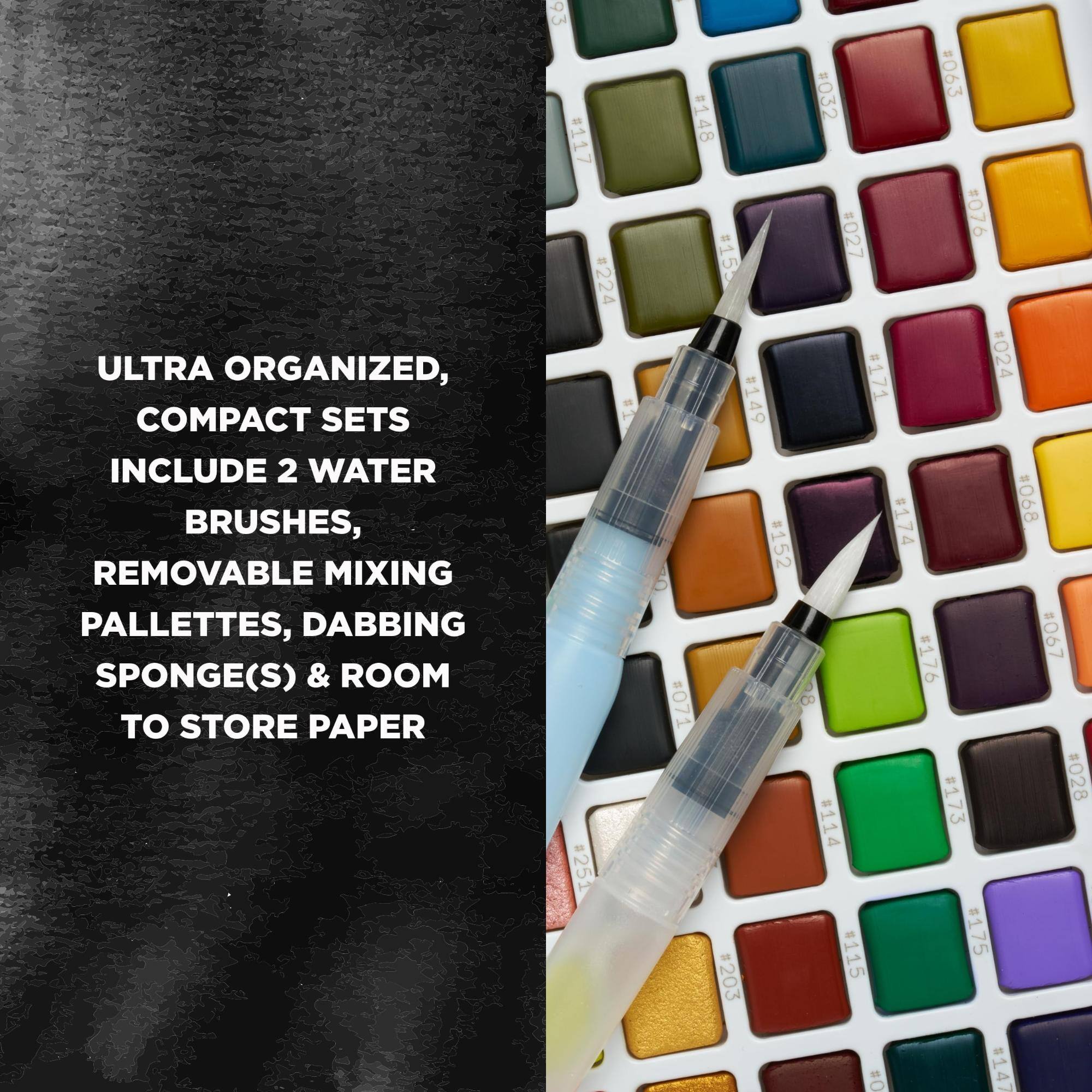 ULTRA ORGANIZED, COMPACT SETS INCLUDE 2 WATER BRUSHES, REMOVABLE MIXING PALLETTES, DABBING SPONGE(S) & ROOM TO STORE PAPER