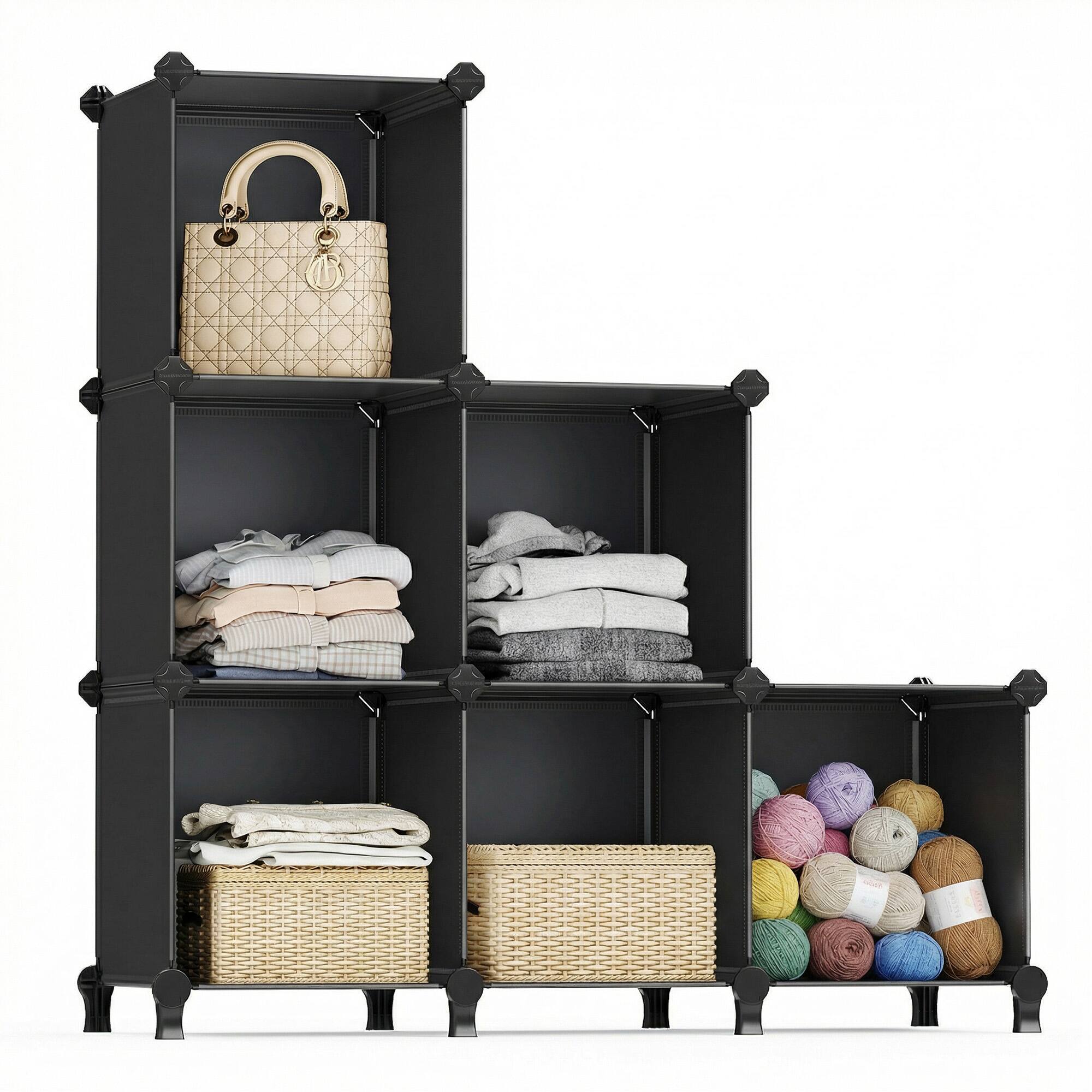 Alt View 5. Songmics Home - 6 Cube Storage Organizer, DIY Closet Shelf, Plastic Clothes Organizer, Modular Bookcase, 11.8 x 11.8 x 11.8 Inch Cubes - Black.