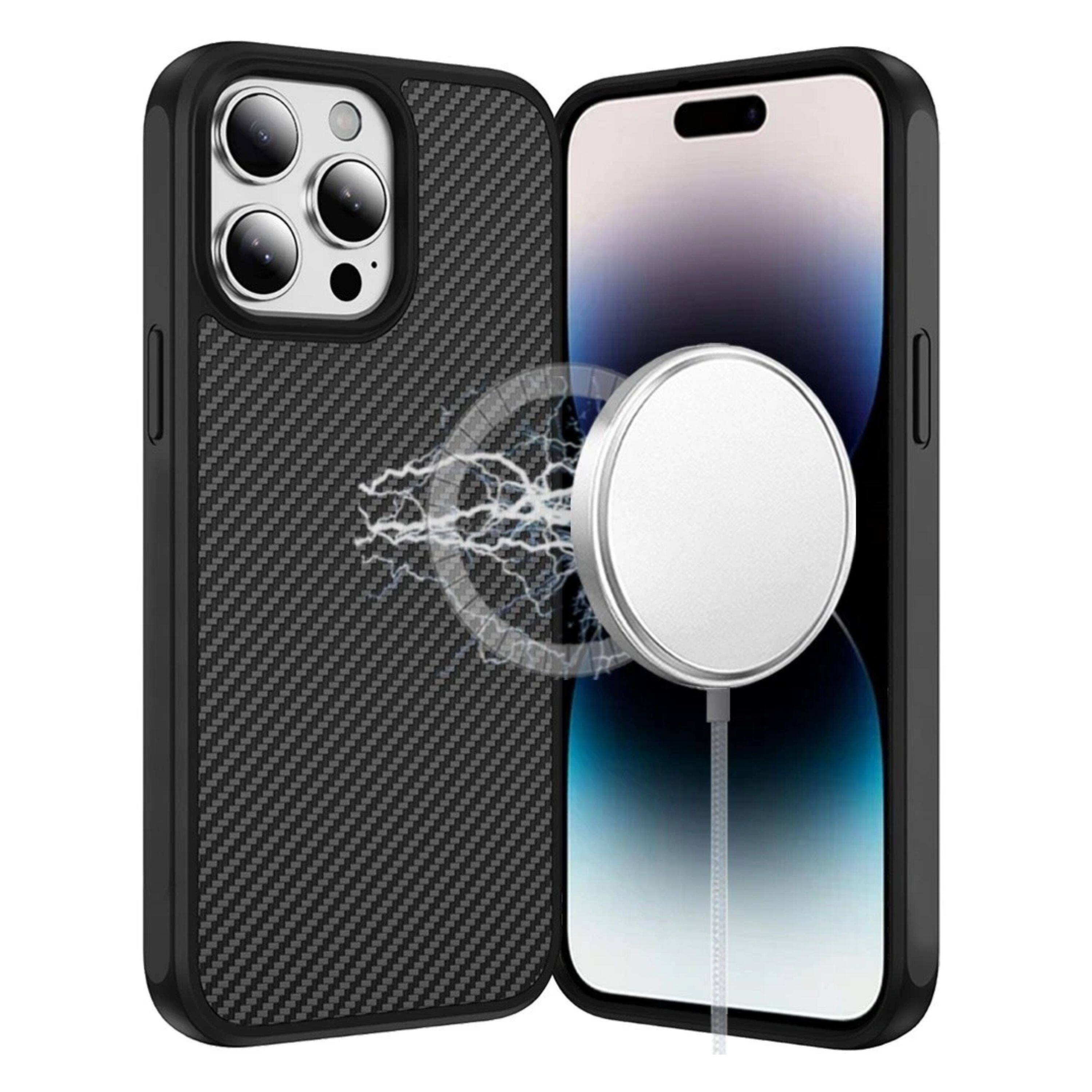 Angle. Kitcheniva - Carbon Fiber Print With Hidden Magnetic Circle Phone Case For iPhone 14 Pro Max - Black.