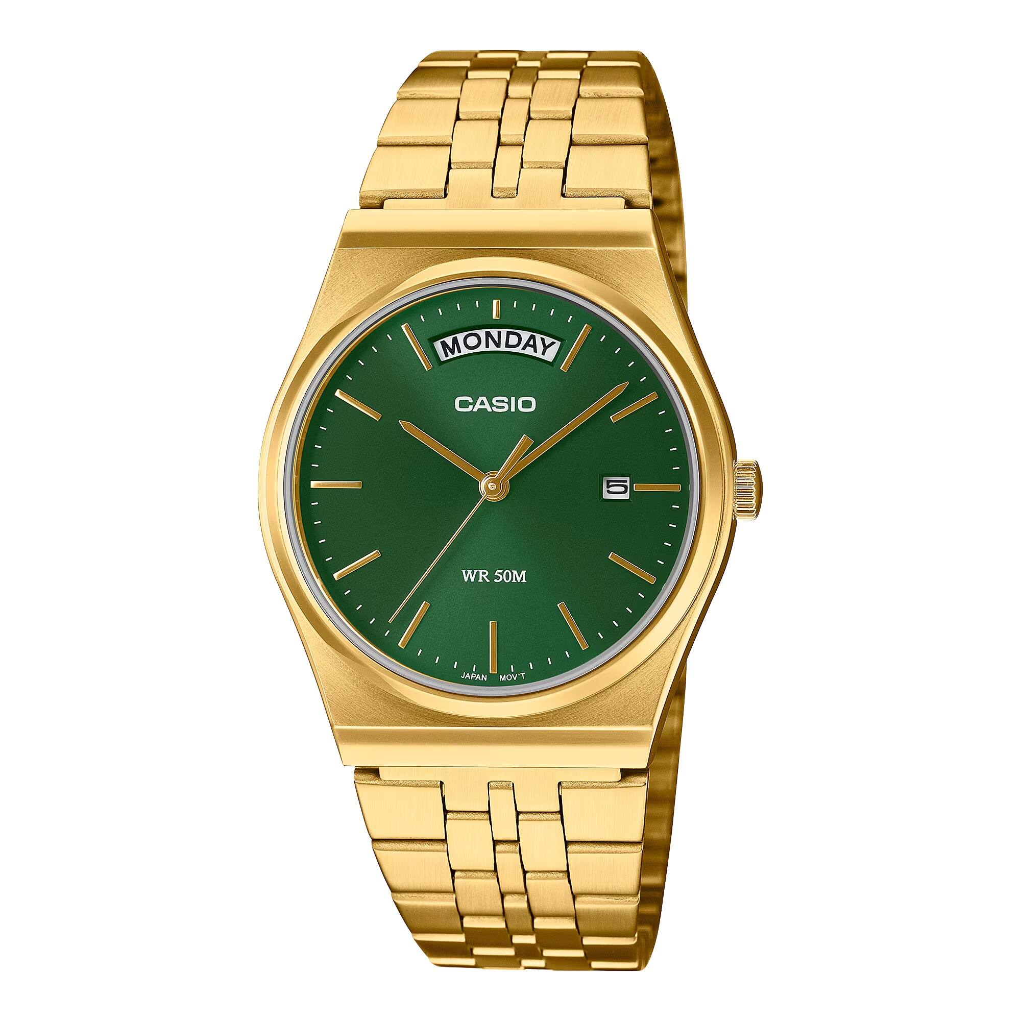 Casio - Men’s Stainless Steel Watch with Green Dial - MTP-B146G-3AVDF - Gold
