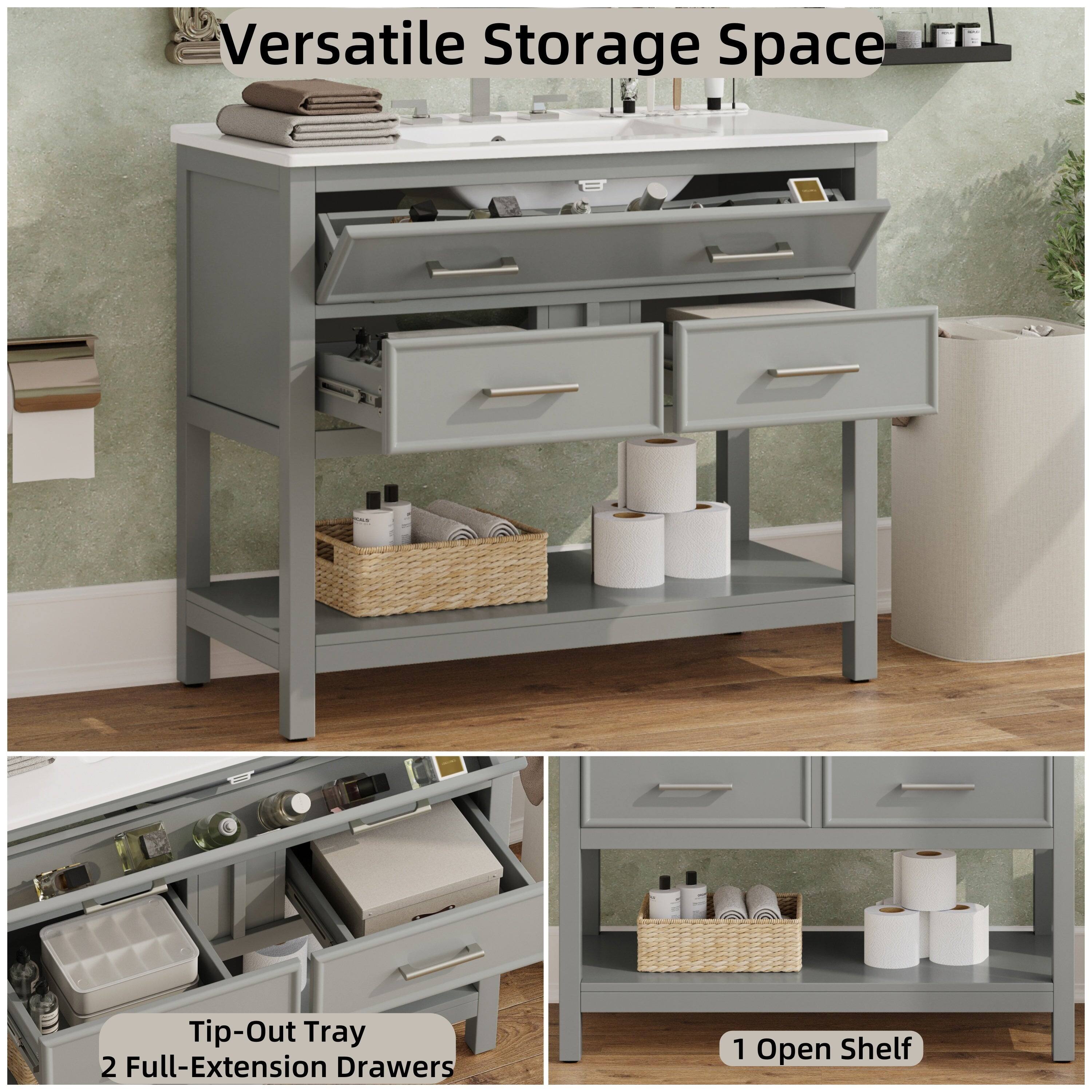 Versatile Storage Space

Tip-Out Tray  
2 Full-Extension Drawers  
1 Open Shelf