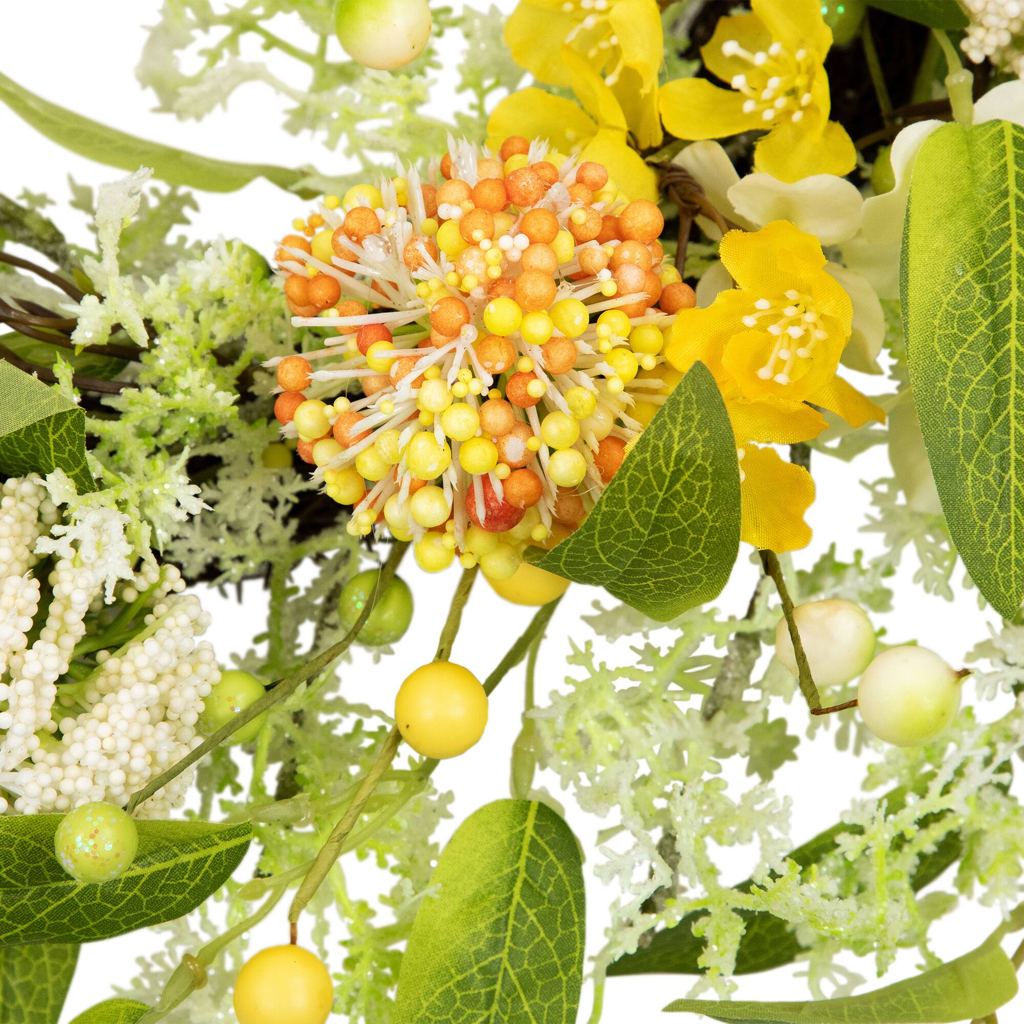 Alt View 4. Northlight - Wild Flower, Berry and Statice Floral Spring Wreath - 26" - Yellow and Orange - Yellow.