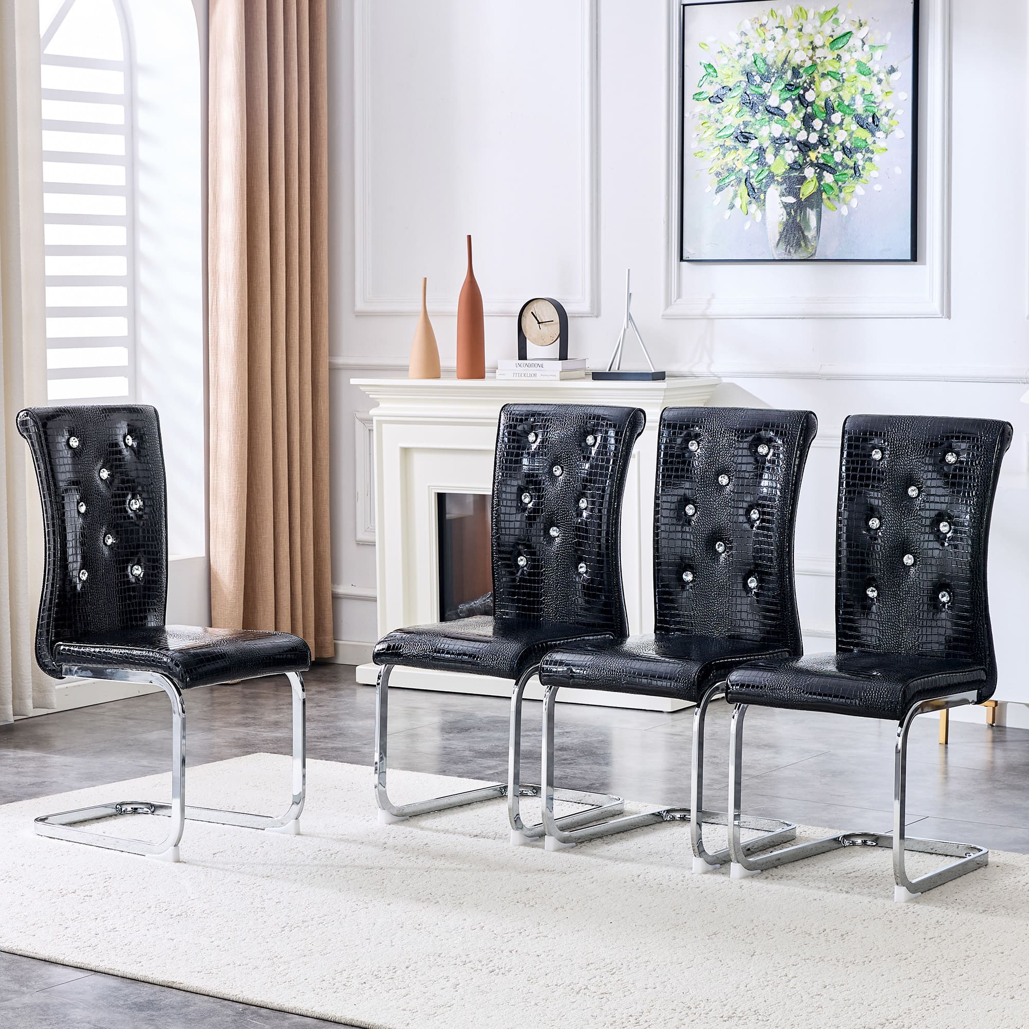 Loheer - Set of 4 Retro Faux Leather Dining Chairs with Metal Bow Legs - Black