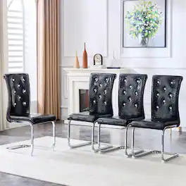 Loheer - Set of 4 Retro Faux Leather Dining Chairs with Metal Bow Legs - Black