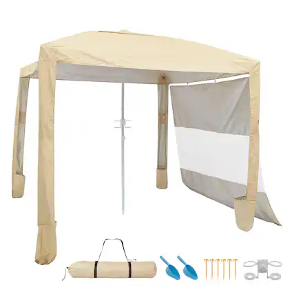Front. VEVOR - Beach Cabana, 8 x 8 ft Beach Canopy with Side Wall, UPF 50+ Protection Easy Setup Cabana Tent with Sand Pockets - Khaki solid color.