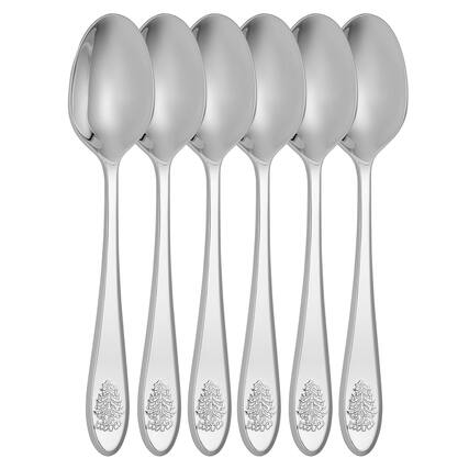 Front. Spode - Spode Christmas Tree Dessert Spoon Set - Silver, Set of 6 - Silver.