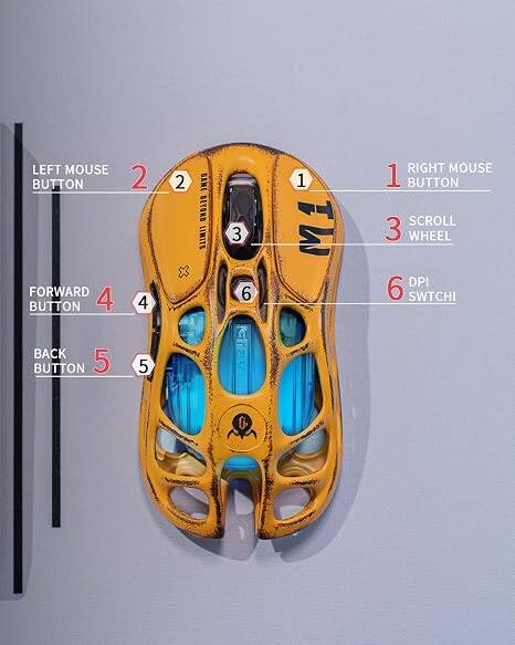 LEFT MOUSE BUTTON  
FORWARD BUTTON 4  
BACK BUTTON 5  
RIGHT MOUSE BUTTON  
SCROLL WHEEL  
DPI SWITCH  

GAME BEYOND LIMITS