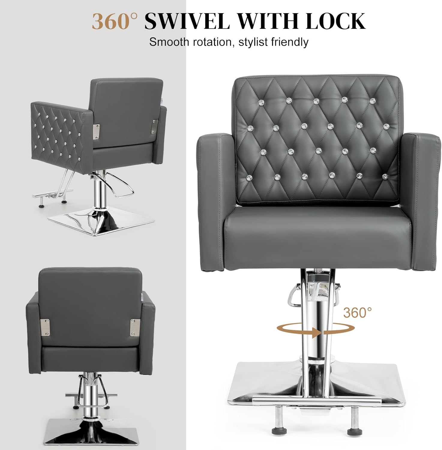 360° SWIVEL WITH LOCK  
Smooth rotation, stylist friendly